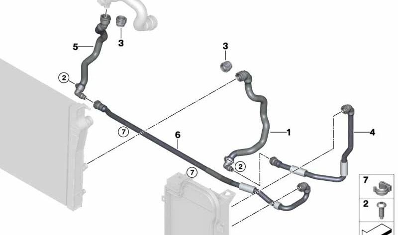 Manguera del refrigerante OEM 17127584561 para BMW X6 E71 xDrive35i con motor N54 (2008-2010). Recambio original BMW.