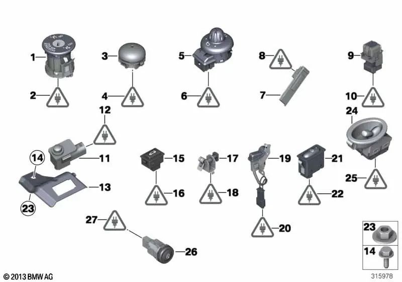 Suporte de interruptor para BMW Série 1 E81, E82, E87, E87N, E88, Série 3 E90, E90N, E91, E91N, E92, E92N, E93, E93N, X1 E84, MINI R55, R55N, R56, R56N, R57, R57N, R58, R59 (OEM 61316932791). BMW original