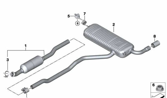 Silencioso trasero OEM 18308694334 para BMW Serie 2 Active Tourer F46 216i y 218i (modelos con motor B38, tracción delantera, 2018-2022). Original BMW.