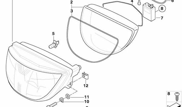 Tapa del faro xenón OEM 63127653128 para BMW Motorrad K 1200 LT (KK58). Compatible con modelos fabricados entre 01/2004 y 05/2009. Original BMW Motorrad.