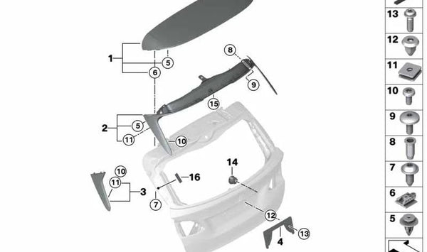 Spoiler puerta trasera imprimado para BMW F45, F45N (OEM 51627348579). Original BMW