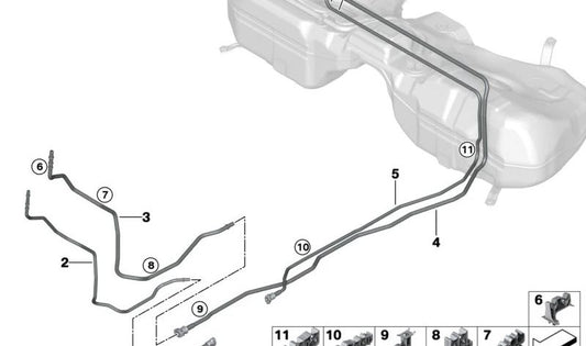 Tubo de retorno de combustible trasero OEM 16127449067 para BMW G20, G21, G22, G23, G26. Original BMW.