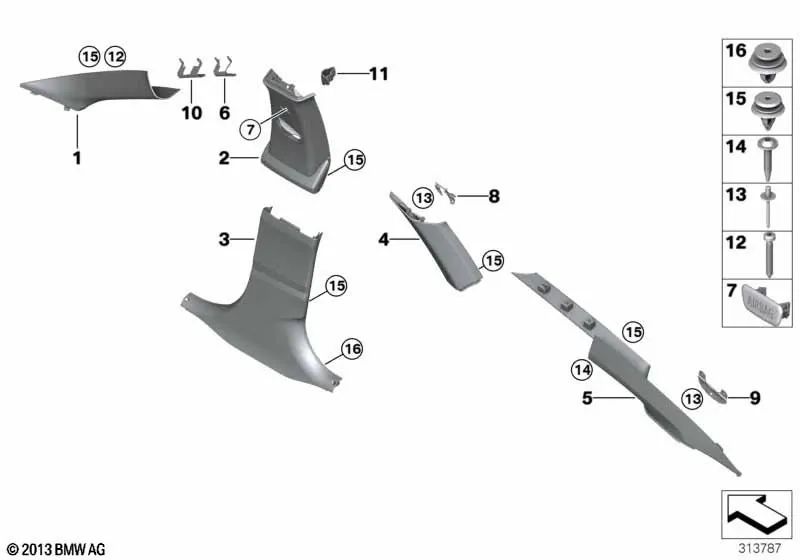 Obere linke Spalte C -Säule für BMW F34, F34N (OEM 51437305505). Original BMW.