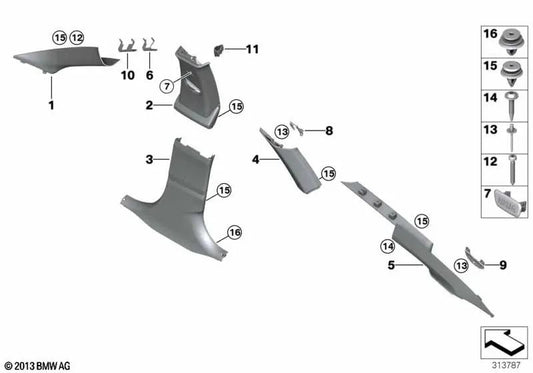Upper left C-pillar cover for BMW F34, F34N (OEM 51437305505). Original BMW.