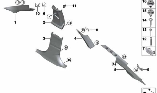 Embellecedor columna B superior derecha OEM 51438056884 para BMW F34, F34N. Color antracita. Recambio original BMW.