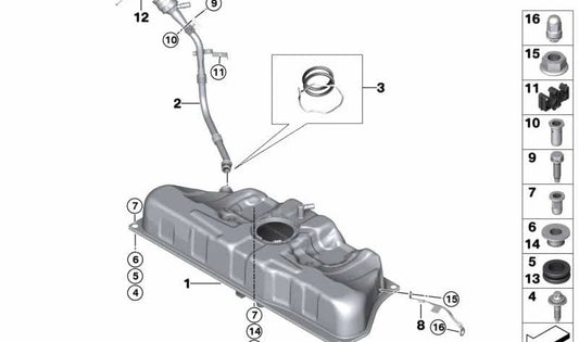 Depósito de combustible OEM 16117393746 para BMW i8 I12 e I15. Compatible con modelos con tracción total y cambio automático fabricados entre 2014 y 2020. Original BMW.