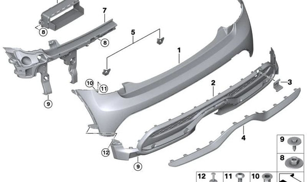 Difusor trasero OEM 51125A3C9A9 para MINI F56 (Cooper, Cooper D, One, One First) y F57 (Cooper). Válido para modelos con sensores de aparcamiento. Original MINI.