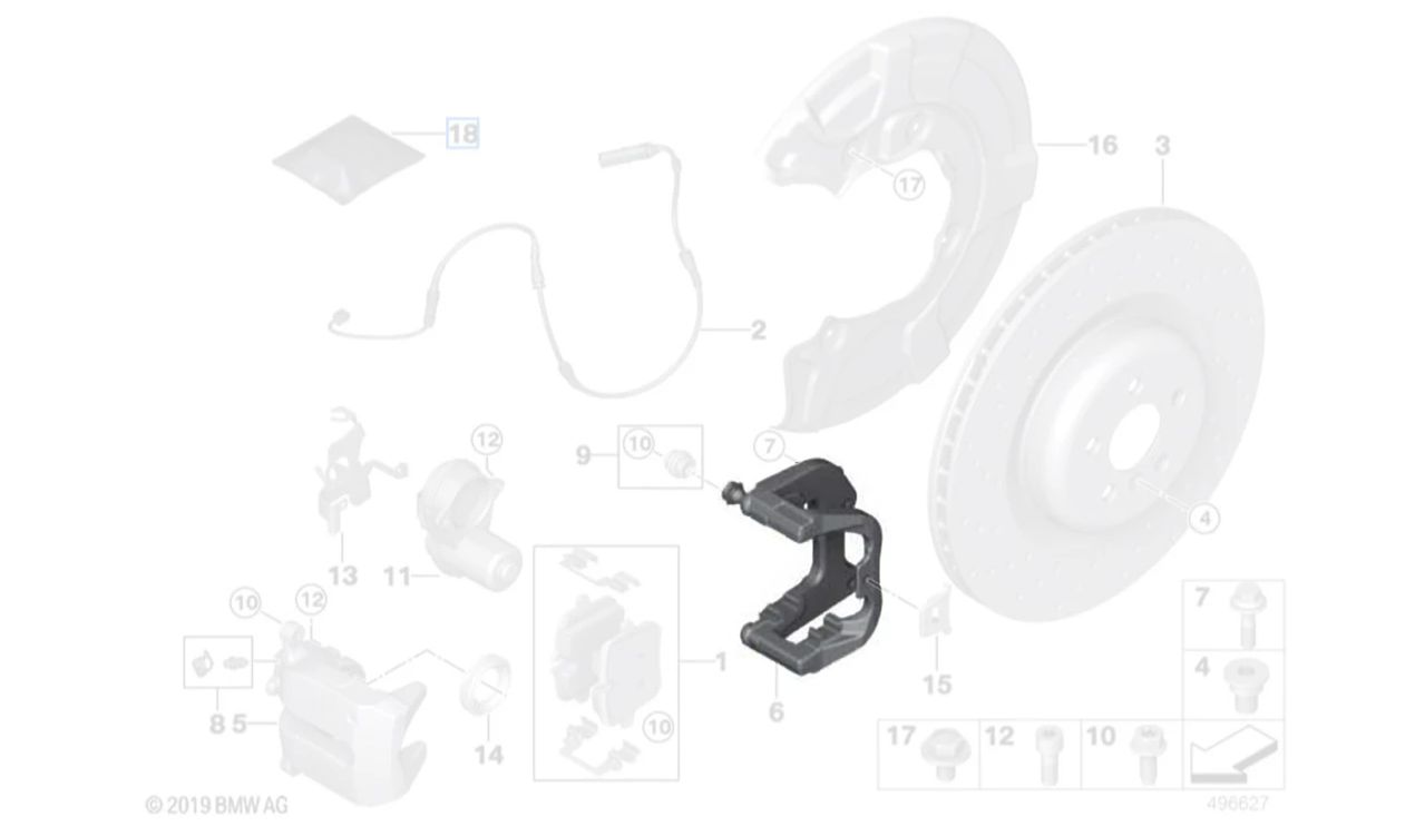 Brake clamp support OEM 34206893582 for BMW G14, G15, G16, G05, G06. Original BMW.