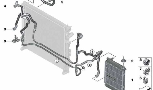 Tubo de refrigerante OEM 17125A022F4 para BMW X5 G05, X6 G06, X7 G07 y G07N. Conduce el líquido al radiador externo. Repuesto original BMW.