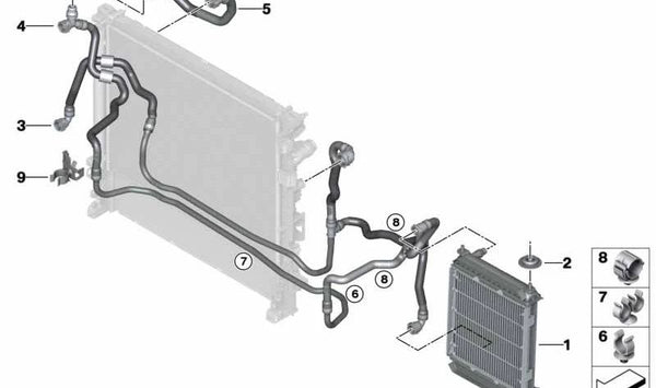 Tubo de refrigerante OEM 17125A022F4 para BMW X5 G05, X6 G06, X7 G07 y G07N. Conduce el líquido al radiador externo. Repuesto original BMW.