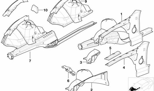 Aleta interior delantera izquierda OEM 41148166985 para BMW E36 {316i CA11, CA12, CA21, CA22, CA71, CA72, CA81, CA82, CG11, CG12}. Original BMW.
