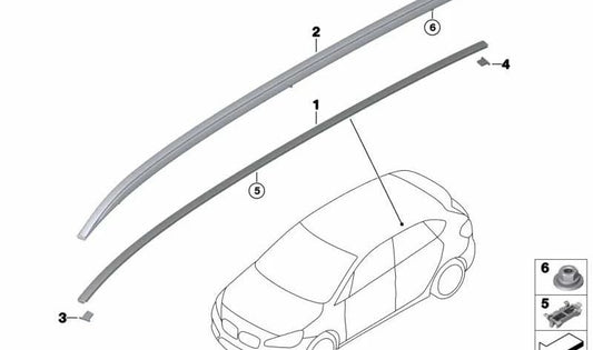 Moldura techo izquierda imprimada OEM 51137400065 para BMW F46, F46N. Repuesto original BMW. Ideal para sustituir la moldura lateral del techo en tu vehículo con ajuste perfecto.