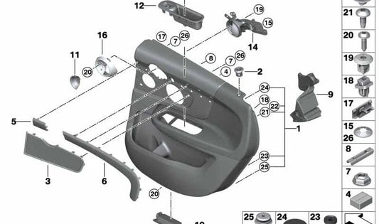 Asa de apertura interior trasera OEM 51426943924 para MINI F60 (Cooper, Cooper D, Cooper ALL4, Cooper D ALL4). Compatible con modelos desde 07/2019 hasta 02/2024. Original MINI.