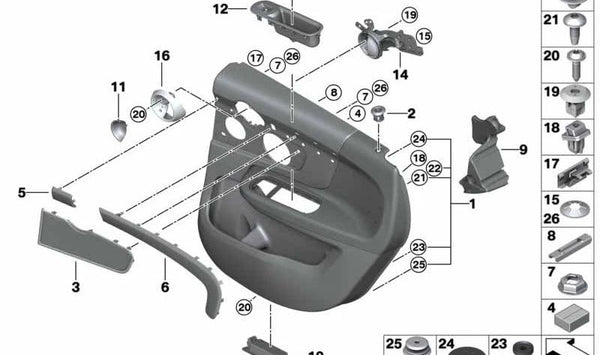 Revestimiento de puerta trasera izquierda OEM 51427476623 en Carbon Black para MINI Countryman F60, F60 LCI. Original MINI.