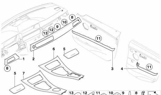 Embellecedor puerta trasera izquierda OEM 51427230679 para BMW 3' E90 LCI, E91 LCI. Original BMW.