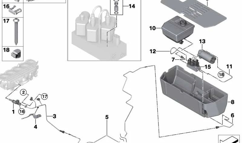 Bloque de válvulas para inyección de agua OEM 13537854143 para BMW F82 M4 GTS. Pieza original BMW, específica del sistema de inyección de agua de alto rendimiento.