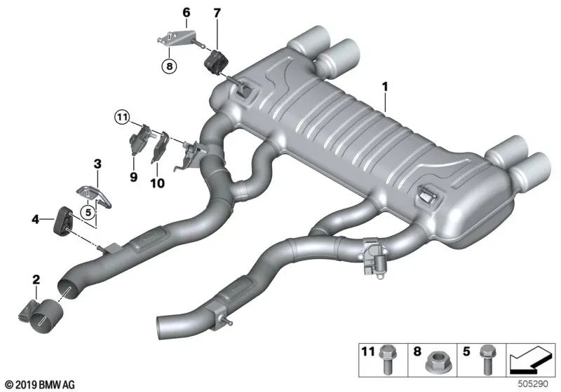 Rear Right Silencer Bracket for BMW 1 Series F20, F21, 2 Series F22, F23, F87, 3 Series F30, F31, F34, F35, 4 Series F32, F33, F36 (OEM 18307620317). Original BMW.