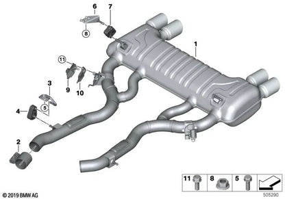 Rear Right Silencer Bracket for BMW 1 Series F20, F21, 2 Series F22, F23, F87, 3 Series F30, F31, F34, F35, 4 Series F32, F33, F36 (OEM 18307620317). Original BMW.