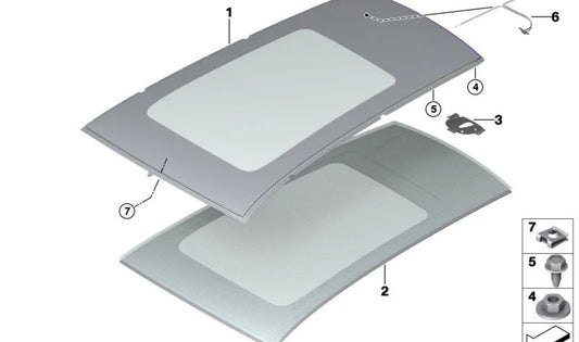 Clip de sujeción metálico OEM 54105A2AFF0 para BMW I20 con techo panorámico Skylounge. Pieza original BMW.