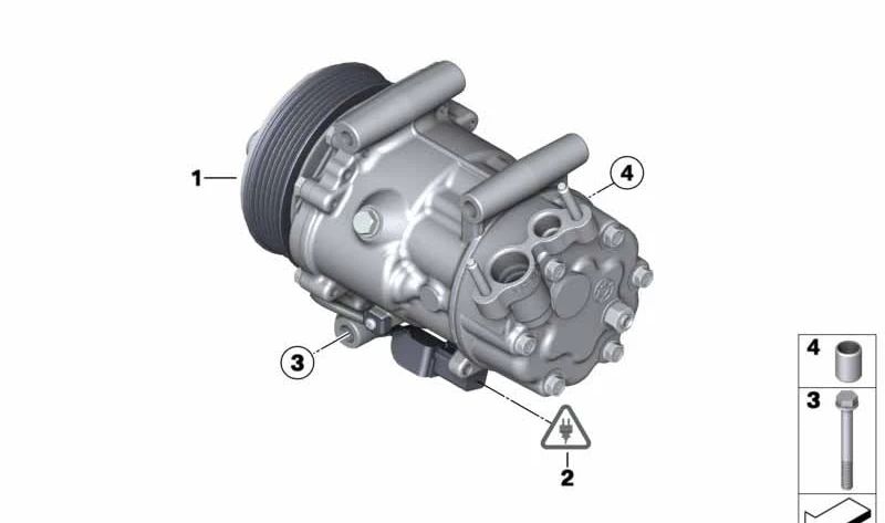 Compresor de aire acondicionado OEM 64529223392 para MINI R55, R56, R57, R58, R59, R60, R61. Compatible con motores N12, N16 y W16. Original MINI.