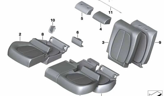 Sitzabdeckung links Stoff OEM 52207467711 für BMW F45, F45N, F48, F48N. Kompatibel mit Rücksitzen. Farbe: Granit/Braunschwarz. Original BMW.