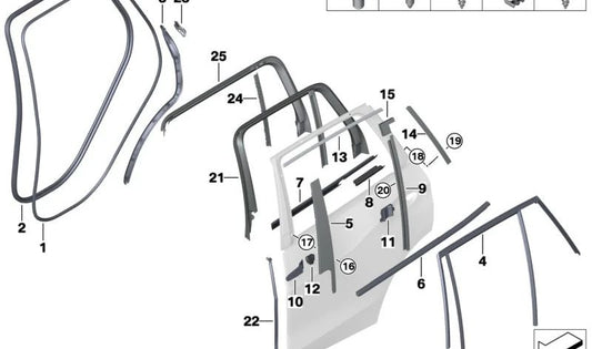 Moldura del marco de la ventana pilar B puerta trasera izquierda OEM 51357428699 para BMW G05, G06. Original BMW.