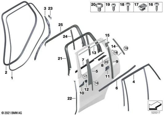 Tampa guia da janela traseira esquerda para BMW X5 G05 (OEM 51357428701). BMW originais.