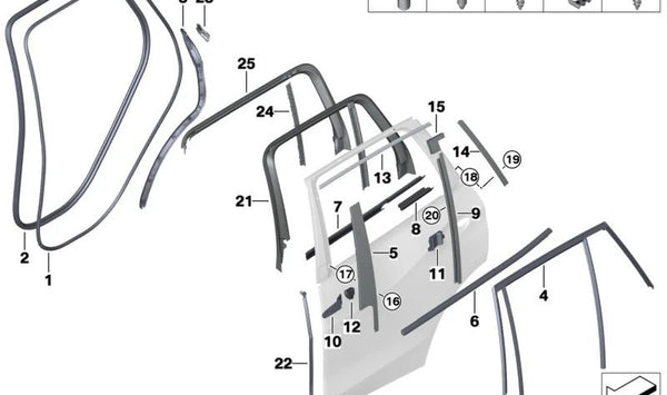 Moldura del Marco de la Ventana Columna C Puerta trasera izquierda para BMW X7 G07 (OEM 51357429417). Original BMW