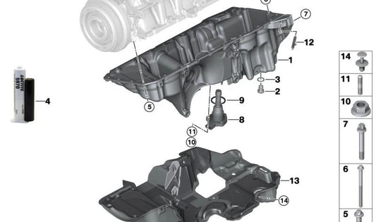 Cárter de aceite OEM 11138595464 para BMW G20, G21, G22, G23, G26, G60, G70, G45, G05, G18, G06, G07, MG09. Repuesto original BMW.