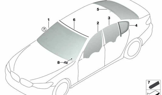 Grüne Seitenglas rechts Hintertür für BMW 5 F90 -Serie, G30 (OEM 51377375190). Original BMW