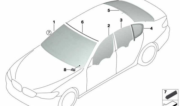 Cristal verde fijo para puerta trasera izquierda OEM 51357387455 para BMW F90, G30. Original BMW
