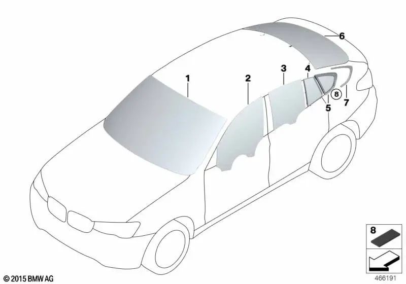 Linkes schwarzes festes Seitenfenster für BMW F26 (OEM 51377335517). Original BMW