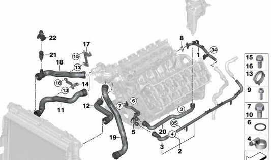 Coolant Hose Holder for BMW 5 Series E60, E61N 6 Series E63, E64 (OEM 11537835521). Original BMW