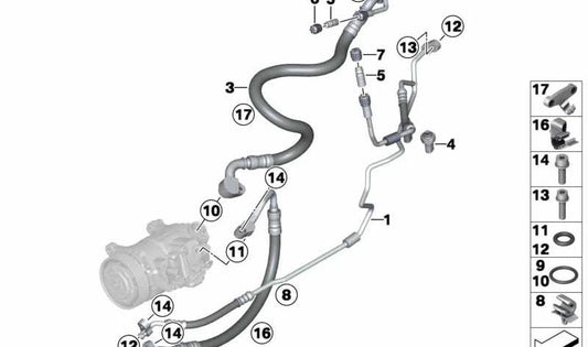 Tubo de alta presión aire acondicionado OEM 64539382726 para BMW F25 y F26. Conecta compresor y condensador. Original BMW.