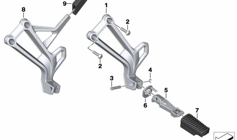 Soporte de reposapiés trasero derecho OEM 46711613671 para motos BMW F 750 GS, F 850 GS, F 850 GS Adventure, F 900 GS y F 900 GS Adventure. Original BMW Motorrad.