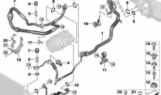 Tubo ad alta pressione del compressore al condensatore OEM 64539860608 per BMW G30, G31, G11, G12, G14, G15, G16. BMW originale.