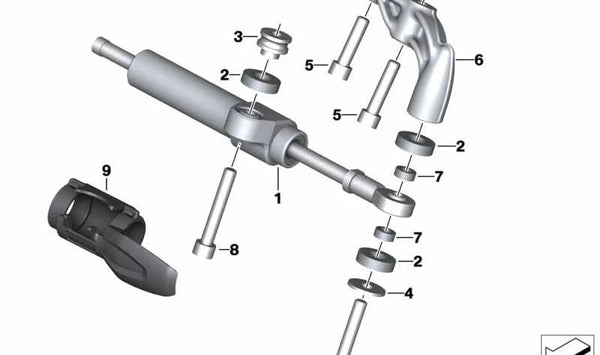 Soporte de amortiguador de dirección OEM 32768541976 para BMW Motorrad R nineT (RK21, RK22, RK23, RK32, RK33). Compatible con modelos Pure, Scrambler, Racer, Urban G/S. Original BMW Motorrad.