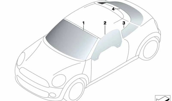 Luna trasera OEM 51312759502 para MINI R58 (Cooper S, Cooper SD, Automático y Manual, gasolina y diésel, 2011-2015). Cristal trasero original MINI.