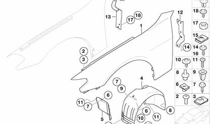 Cubierta paso de rueda delantera izquierda OEM 51717136679 para BMW E65 y E66. Recambio original BMW.