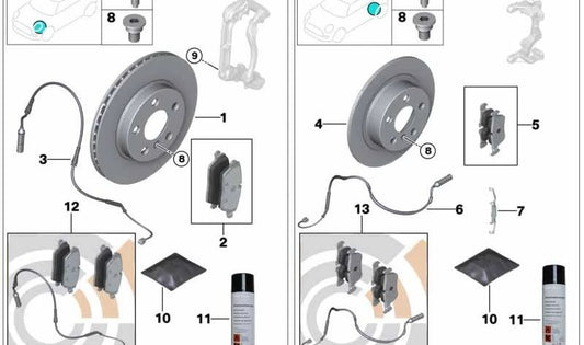 Juego de pastillas de freno delanteras + sensor OEM 34112167235 para MINI R52, R53, Cooper S, JCW GP... y más. Original MINI.
