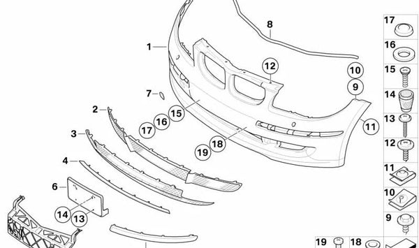 Paragolpes delantero imprimado OEM 51117185124 para BMW E81, E87, E87N. Recambio original BMW.