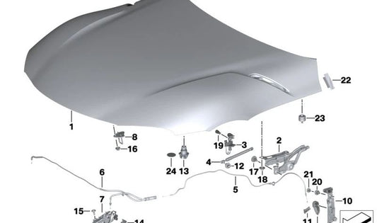 Fronthaube -Aktivierungshebel für BMW 2 G42 -Serie, G87, 3 G20 -Serie, G21, G28, G80, G81, 4 G22 -Serie, G23, G26, G82, G83, Z4 G29 (OEM 51237943204). Original BMW.