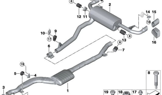 Silencioso trasero OEM 18309887666 para BMW G30, G30N, G31, G31N. Compatible con sistemas de escape traseros. Original BMW.