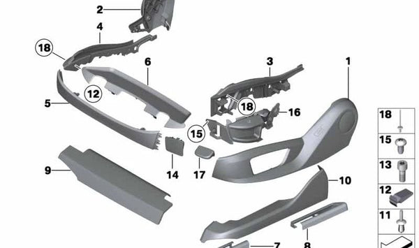 Embellecedor lateral derecho del asiento OEM 52107236860 para BMW F07, F10, F11, F18. Pieza original BMW.