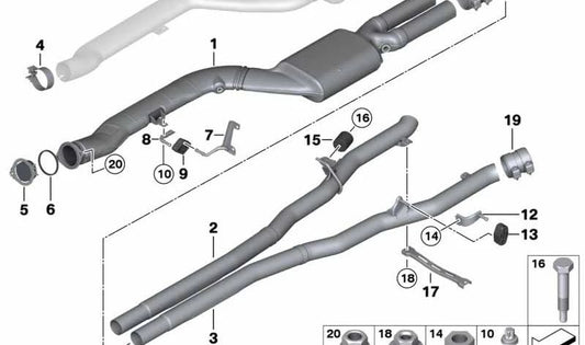 Tubo intermedio de escape OEM 18308507390 para BMW F07, F10, F11. Original BMW.