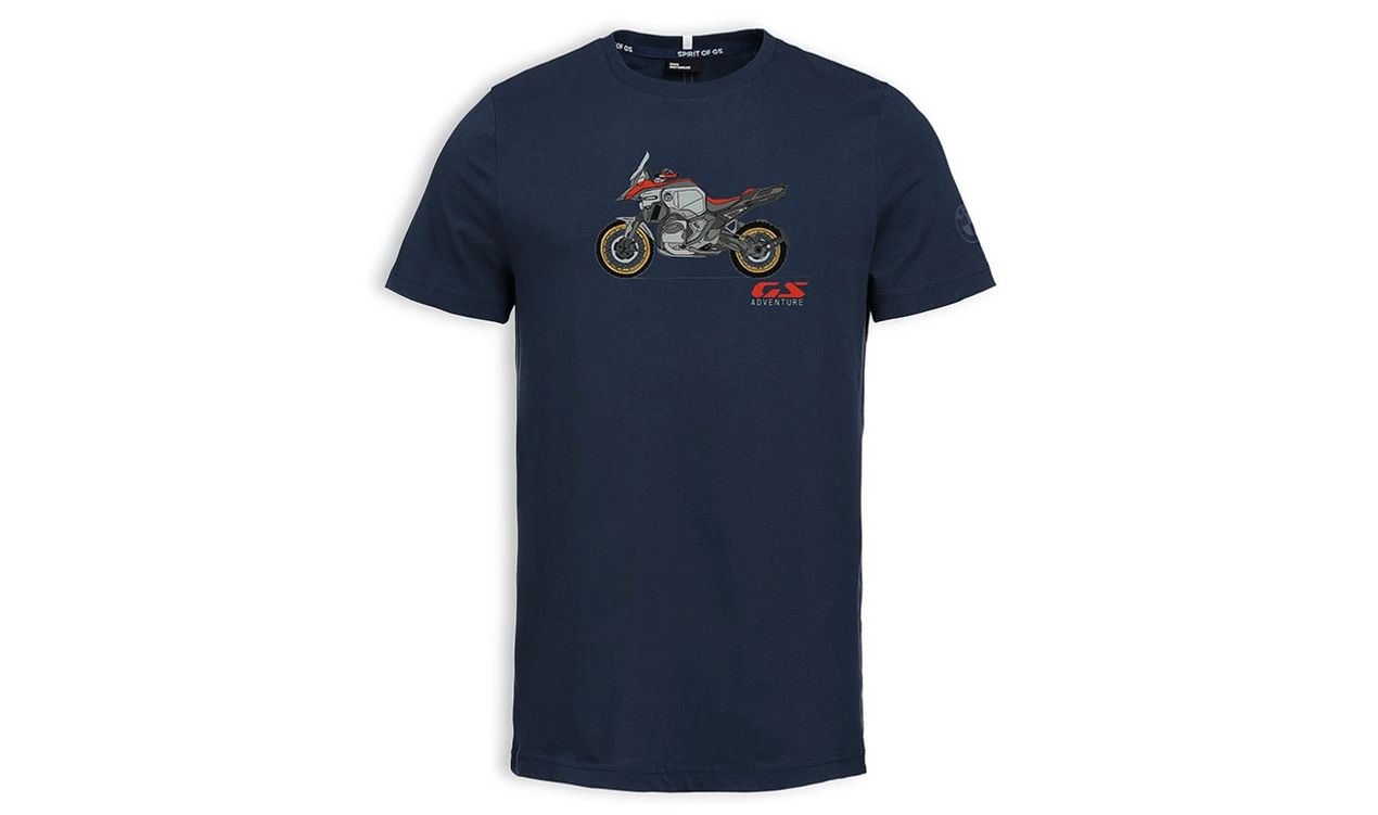 GS Adventure Blue T -Shirt Midnight OEM 76615B3E3B9 per BMW Motorrad. Design con logos GS e BMW, cotone 100%. Dimensioni S a 3xl. BMW MOTORAD originale.