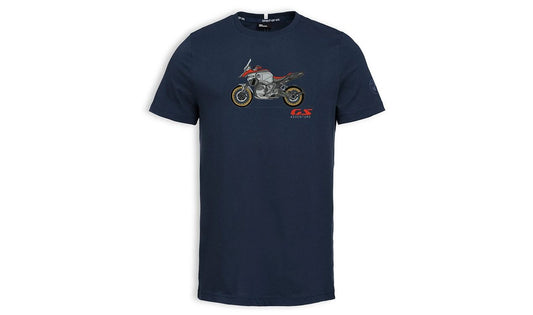 Camiseta GS Adventure color azul medianoche OEM 76615B3E3B9 para BMW Motorrad. Diseño con logos GS y BMW, 100% algodón. Tallas S a 3XL. Original BMW Motorrad.