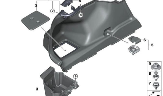 Revestimiento lateral izquierdo maletero OEM 51479870595 para BMW Serie 7 G70 (735i, 740d, 740d xDrive, 740i). Compatible con modelos 2022-2029. Pieza original BMW.
