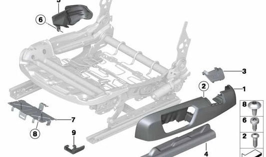 Embellecedor izquierdo anclaje cinturón OEM 52107315585 para BMW F21, F21N, F22, F22N, F23, F23N, F32, F32N. Color oyster. Original BMW.