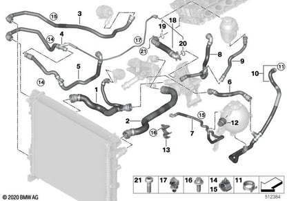 Mangueira de bomba de água elétrica para BMW G05, G06, G07 (OEM 17129894780). BMW originais.